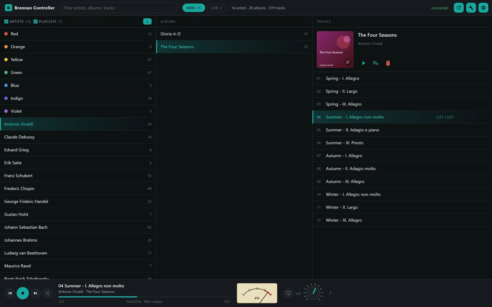 The Brennan Controller: library, an album open, and the player with the VU meter
