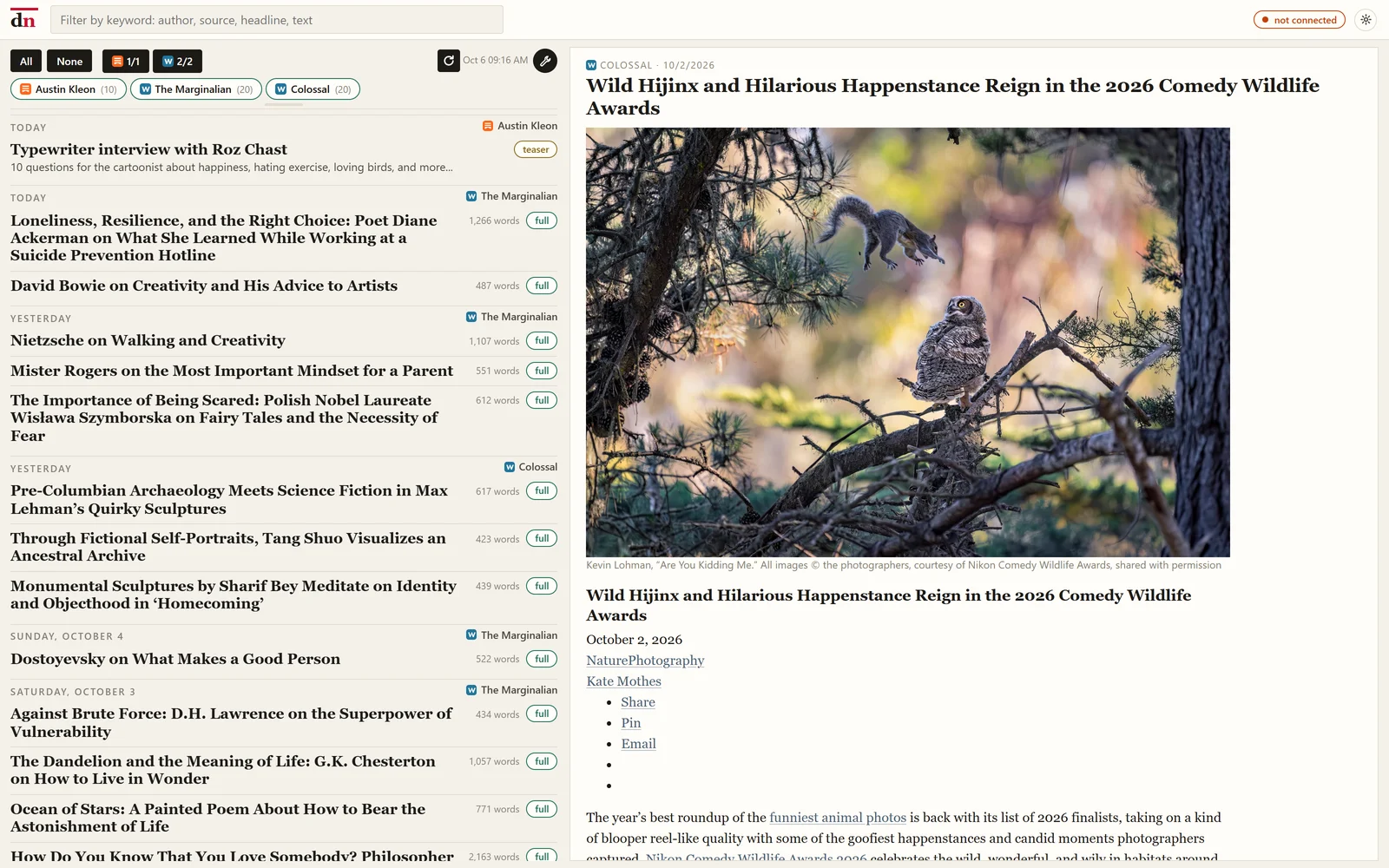 The deepnews reader: the latest posts from followed publications grouped by day, with one open